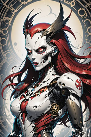 midshot, cel-shading style, centered image, ultra detailed illustration of the comic character ((Female Spawn  large Mechanoid robot by Todd McFarlane)), posing, bronze, white, and black suit with a skull emblem, ((view from behind she was looking over her shoulder)), ((Full Body)), ((view from behind)), ornate background, (tetradic colors), inkpunk, ink lines, strong outlines, art by MSchiffer, bold traces, unframed, high contrast, cel-shaded, vector, 4k resolution, best quality, (chromatic aberration:1.8)