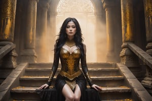 Hauntingly beautiful woman posed on weathered temple steps, shrouded in thick golden fog that morphs into eerie aura. Softly lit by warm orange-golden tones, her pale skin and black hair contrast against dark brown leather attire, complete with intricate filigree patterns. Dripping oil textures add a sense of decay to the scene. Her closed hands cradle her muscular figure, emphasizing its definition. The dramatic lighting casts stark catchlights and shadows, highlighting her haunting beauty amidst the desolate temple backdrop.