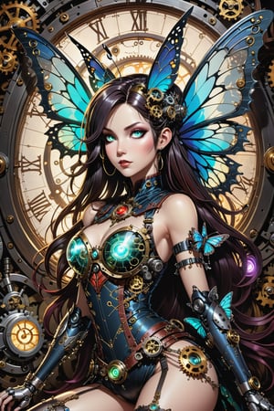 midshot, cel-shading style, centered image, ultra detailed illustration of the comic character ((Spawn 
In the dimly lit, ornate chamber of a mystical steampunk realm, a faerie girl with delicate features and iridescent butterfly wings sprawls amidst a tapestry of gears and cogs. A robot cat, its mechanical limbs splayed in relaxation, rests beside her as candlelight dances across their faces. The soft glow casts a warm ambiance, rendering the intricate details of the steampunk contraptions and the faerie's ethereal wings in exquisite 8K HDR resolution, with an impressive bokeh effect blurring the background, by Todd McFarlane)), posing, ((Full Body)), ((perfect hands)), ((neon glow in the background)), (tetradic colors), inkpunk, ink lines, strong outlines, art by MSchiffer, bold traces, unframed, high contrast, cel-shaded, vector, 4k resolution, 
