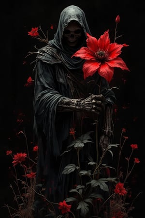 abstract art, a death reaper stand with many of darkness red flower, poster style, cinematic mood, low key style, black background, the art so complex with grunge stroke,cinematicxhan,grungeartxhan83,hanxdeadcyborg83