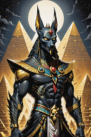 midshot, cel-shading style, centered image, ultra detailed illustration of the comic character ((Spawn     Egyptian Anubis by Todd McFarlane)), posing, gold rust, and black suit with a skull emblem, ((creepy pyramids in the background at night )), ((half Body)), perfect hands, ornate background, perfect hands, (tetradic colors), inkpunk, ink lines, strong outlines, art by MSchiffer, bold traces, unframed, high contrast, cel-shaded, vector, 4k resolution, best quality, (chromatic aberration:1.8)