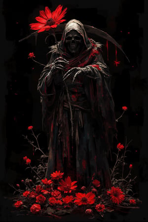 abstract art, a death reaper stand with many of darkness red flower, poster style, cinematic mood, low key style, black background, the art so complex with grunge stroke,cinematicxhan,grungeartxhan83,hanxdeadcyborg83