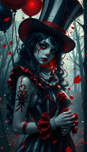 (masterpiece, high quality, 8K resolution). higly stylized and detailed close up anime portrait with mystic and horror embience. A hauntingly beautiful illustration unfolds:  A melancholic gothic clown girl wearing a striped black-and-white outfit, holding red and black balloons. Her long, wavy hair flows beneath a tilted top hat with matching black-and-white stripes. She has pale skin with dark makeup and a stitched smile painted across her face. A heart tattoo decorates her arm, adding a touch of fragile beauty. The background is a hazy, mist-filled forest with soft, glowing bokeh lights, creating an eerie yet enchanting atmosphere. Red petals drift in the air, enhancing the melancholic mood.