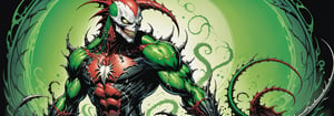 midshot, cel-shading style, centered image, ultra detailed illustration of the comic character ((Spawn lizard, by Todd McFarlane)), posing, green, light green, brown, and black body suit with a skull emblem, ((Full Body)) ,ornate background, (tetradic colors), inkpunk, ink lines, strong outlines, art by MSchiffer, bold traces, unframed, high contrast, cel-shaded, vector, 4k resolution, best quality, (chromatic aberration:1.8)