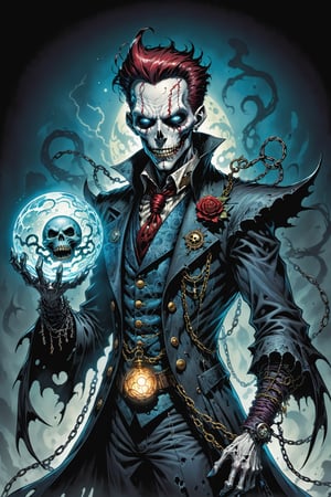 midshot, cel-shading style, centered image, ultra detailed illustration of the comic character (( Spawn Victorian horror theme, a character of a spectral figure known as the "Haunted Harbinger", a ghostly apparition of a long-dead aristocrat, wears a tattered once-opulent suit adorned with decayed medals and frayed lace, translucent skin glows with an ethereal blue light,  eyes are empty sockets that emit a ghostly mist, chains hang from its wrists and ankles dragging along the ground with a haunting clatter, twisted face in eternal agony, carries a spectral lantern that casts an eerie flickering light by, Todd McFarlane)), posing,  he has black  in traditional Indian attire with a skull emblem, ((holding a A sphere)),  (((Full Body))), (((perfect hands))),(((realistic hands))),(((accurate hands))), (tetradic colors), inkpunk, ink lines, strong outlines, art by MSchiffer, bold traces, unframed, high contrast, cel-shaded, vector, 4k resolution, best quality, (chromatic aberration:1.8)