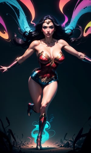 Wonder Woman (big tits),(( flying toward viewer,)),((full body)), masterpiece, best quality, ((abstract, psychedelic, neon, smoke , background)),(creative:1.3), sy3, SMM, fantasy00d