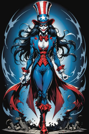 midshot, cel-shading style, centered image, ultra detailed illustration of the comic character ((female Spawn Uncle Sam, by Todd McFarlane)), posing, long black long hair, Red white and blue, suit with a skull emblem, her hands are empty,  ((Full Body)), (tetradic colors), inkpunk, ink lines, strong outlines, art by MSchiffer, bold traces, unframed, high contrast, cel-shaded, vector, 4k resolution, best quality, (chromatic aberration:1.8)