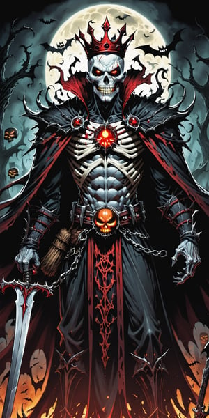 midshot, cel-shading style, centered image, ultra detailed illustration of the comic character (( Spawn   Halloween-style fantasy world image featuring a terrifying undead king with a skull face and glowing red eyes. Envision the king adorned in torn black and red dark clothes, wielding a deadly, sinister spiky weapon. Specify a dark fantasy-style atmosphere with chilling details, capturing the sinister essence of this undead monarch. Request a visually striking composition that blends the elements of horror and fantasy, creating a haunting masterpiece perfect for the Halloween theme by, Todd McFarlane)), posing,  he has black  in traditional Indian attire with a skull emblem, ((holding a A spear)),  (((Full Body))), (((perfect hands))),(((realistic hands))),(((accurate hands))), (tetradic colors), inkpunk, ink lines, strong outlines, art by MSchiffer, bold traces, unframed, high contrast, cel-shaded, vector, 4k resolution, best quality, (chromatic aberration:1.8)