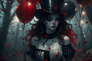 (masterpiece, high quality, 8K resolution). higly stylized and detailed close up anime portrait with mystic and horror embience. A hauntingly beautiful illustration unfolds:  A melancholic gothic clown girl wearing a striped black-and-white outfit, holding red and black balloons. Her long, wavy hair flows beneath a tilted top hat with matching black-and-white stripes. She has pale skin with dark makeup and a stitched smile painted across her face. A heart tattoo decorates her arm, adding a touch of fragile beauty. The background is a hazy, mist-filled forest with soft, glowing bokeh lights, creating an eerie yet enchanting atmosphere. Red petals drift in the air, enhancing the melancholic mood.