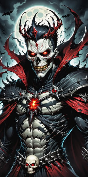 midshot, cel-shading style, centered image, ultra detailed illustration of the comic character (( Spawn   Halloween-style fantasy world image featuring a terrifying undead king with a skull face and glowing red eyes. Envision the king adorned in torn black and red dark clothes, wielding a deadly, sinister spiky weapon. Specify a dark fantasy-style atmosphere with chilling details, capturing the sinister essence of this undead monarch. Request a visually striking composition that blends the elements of horror and fantasy, creating a haunting masterpiece perfect for the Halloween theme by, Todd McFarlane)), posing,  he has black  in traditional Indian attire with a skull emblem, ((holding a A spear)),  (((Full Body))), (((perfect hands))),(((realistic hands))),(((accurate hands))), (tetradic colors), inkpunk, ink lines, strong outlines, art by MSchiffer, bold traces, unframed, high contrast, cel-shaded, vector, 4k resolution, best quality, (chromatic aberration:1.8)