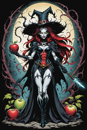 midshot, cel-shading style, centered image, ultra detailed illustration of the comic character ((female Spawn Which by Todd McFarlane)), posing, Black, dress with a skull emblem, ((wearing a large rim pointed hat)), ((holding a Magic wand in one hand and an Single apple in the other)), ((Full Body)), (tetradic colors), inkpunk, ink lines, strong outlines, art by MSchiffer, bold traces, unframed, high contrast, cel-shaded, vector, 4k resolution, best quality, (chromatic aberration:1.8)