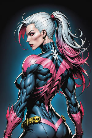 midshot, cel-shading style, centered image, ultra detailed illustration of the comic character ((female Spawn warrior woman, by Todd McFarlane)), posing, extremely muscular overly muscular large breast extremely extremely muscular, black, neon pink, suit with a belt with a skull on it, long white hair in a tall, single ponytail, ((view from Behind she’s looking over her shoulder)),  ((Half Body)), ((view from behind)),  perfect hands, (tetradic colors), inkpunk, ink lines, strong outlines, art by MSchiffer, bold traces, unframed, high contrast, cel-shaded, vector, 4k resolution, best quality, (chromatic aberration:1.8)