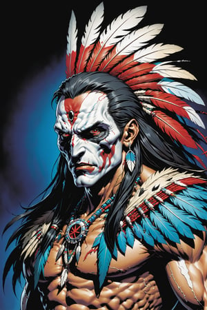 midshot, cel-shading style, centered image, ultra detailed illustration of the comic character ((male Spawn American Indian, by Todd McFarlane)), posing,  he has black  in traditional Indian attire with a skull emblem, ((Half Body)), (tetradic colors), inkpunk, ink lines, strong outlines, art by MSchiffer, bold traces, unframed, high contrast, cel-shaded, vector, 4k resolution, best quality, (chromatic aberration:1.8)