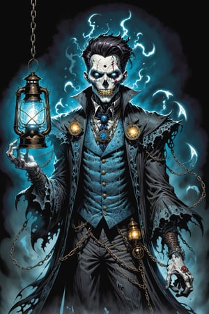 midshot, cel-shading style, centered image, ultra detailed illustration of the comic character (( Spawn Victorian horror theme, a character of a spectral figure known as the "Haunted Harbinger", a ghostly apparition of a long-dead aristocrat, wears a tattered once-opulent suit adorned with decayed medals and frayed lace, translucent skin glows with an ethereal blue light,  eyes are empty sockets that emit a ghostly mist, chains hang from its wrists and ankles dragging along the ground with a haunting clatter, twisted face in eternal agony, carries a spectral lantern that casts an eerie flickering light by, Todd McFarlane)), posing,  he has black  in traditional Indian attire with a skull emblem, ((holding a lantern)),  (((Full Body))), (((perfect hands))),(((realistic hands))),(((accurate hands))), (tetradic colors), inkpunk, ink lines, strong outlines, art by MSchiffer, bold traces, unframed, high contrast, cel-shaded, vector, 4k resolution, best quality, (chromatic aberration:1.8)