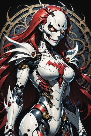 midshot, cel-shading style, centered image, ultra detailed illustration of the comic character ((Female Spawn  large Mechanoid robot by Todd McFarlane)), posing, bronze, white, and black suit with a skull emblem, ((Full Body)), ornate background, (tetradic colors), inkpunk, ink lines, strong outlines, art by MSchiffer, bold traces, unframed, high contrast, cel-shaded, vector, 4k resolution, best quality, (chromatic aberration:1.8)