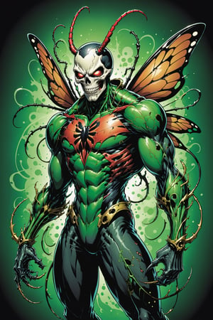 midshot, cel-shading style, centered image, ultra detailed illustration of the comic character ((Insect Spawn by Todd McFarlane)), posing, green, light green, brown, and black suit with a skull emblem, ((Full Body)), ornate background, (tetradic colors), inkpunk, ink lines, strong outlines, art by MSchiffer, bold traces, unframed, high contrast, cel-shaded, vector, 4k resolution, best quality, (chromatic aberration:1.8)