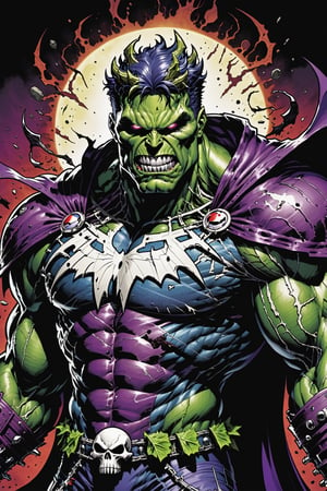 midshot, cel-shading style, centered image, ultra detailed illustration of the comic character ((Spawn Planet Hulk, by Todd McFarlane)),posing, suit with a skull emblem, wearing a purple Cape,  ((Half Body)), (tetradic colors), inkpunk, ink lines, strong outlines, art by MSchiffer, bold traces, unframed, high contrast, cel-shaded, vector, 4k resolution, best quality, (chromatic aberration:1.8)