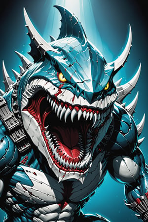 midshot, cel-shading style, centered image, ultra detailed illustration of the comic character ((Spawn , A cyborg Megalodon combines raw natural power with advanced technology. This fearsome creature features a blend of organic scales and sleek metallic components. His limbs are reinforced with steel plating and hydraulic joints, enhancing its strength and agility. Cybernetic eyes glow with a menacing light, capable of night vision and advanced targeting. The Megalodon claws are replaced with razor-sharp. This fusion of beast and machine creates a formidable predator, both in the wild and in combat scenarios.,exosuit, by Todd McFarlane)), posing, with a skull emblem,   (((Full Body))), accent color, gray,white, black and blue, (tetradic colors), inkpunk, ink lines, strong outlines, art by MSchiffer, bold traces, unframed, high contrast, cel-shaded, vector, 4k resolution, best quality, (chromatic aberration:1.8)