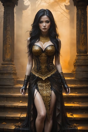 Hauntingly beautiful woman posed on weathered temple steps, shrouded in thick golden fog that morphs into eerie aura. Softly lit by warm orange-golden tones, her pale skin and black hair contrast against dark brown leather attire, complete with intricate filigree patterns. Dripping oil textures add a sense of decay to the scene. Her closed hands cradle her muscular figure, emphasizing its definition. The dramatic lighting casts stark catchlights and shadows, highlighting her haunting beauty amidst the desolate temple backdrop.