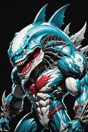 midshot, cel-shading style, centered image, ultra detailed illustration of the comic character ((Spawn , A cyborg Megalodon combines raw natural power with advanced technology. This fearsome creature features a blend of organic scales and sleek metallic components. His limbs are reinforced with steel plating and hydraulic joints, enhancing its strength and agility. Cybernetic eyes glow with a menacing light, capable of night vision and advanced targeting. The Megalodon claws are replaced with razor-sharp. This fusion of beast and machine creates a formidable predator, both in the wild and in combat scenarios.,exosuit, by Todd McFarlane)), posing, with a skull emblem,   (((Full Body))), (tetradic colors), inkpunk, ink lines, strong outlines, art by MSchiffer, bold traces, unframed, high contrast, cel-shaded, vector, 4k resolution, best quality, (chromatic aberration:1.8)