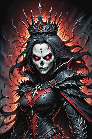 midshot, cel-shading style, centered image, ultra detailed illustration of the comic character (( female Spawn  Halloween-style fantasy world image featuring a terrifying undead Queen with a skull face and glowing red eyes. Envision the Queen adorned in torn black and red dark clothes, wielding a deadly, sinister spiky weapon. Specify a dark fantasy-style atmosphere with chilling details, capturing the sinister essence of this undead monarch. Request a visually striking composition that blends the elements of horror and fantasy, creating a haunting masterpiece perfect for the Halloween theme by, Todd McFarlane)), posing,  he has black  in traditional Indian attire with a skull emblem, ((holding a A spear)),  (((Full Body))), (((perfect hands))),(((realistic hands))),(((accurate hands))), (tetradic colors), inkpunk, ink lines, strong outlines, art by MSchiffer, bold traces, unframed, high contrast, cel-shaded, vector, 4k resolution, best quality, (chromatic aberration:1.8)