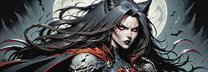 midshot, cel-shading style, centered image, ultra detailed illustration of the comic character ((female Spawn Wolf lady, by Todd McFarlane)), posing, long black long hair, Gray rust, and black suit with a skull emblem, rust flowing cape, ((view from Behind she’s looking over her shoulder)),  ((she has a wolf snout)), ((Full Body)), ((view from behind)), ((perfect hands)), (tetradic colors), inkpunk, ink lines, strong outlines, art by MSchiffer, bold traces, unframed, high contrast, cel-shaded, vector, 4k resolution, best quality, (chromatic aberration:1.8)