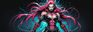 midshot, cel-shading style, centered image, ultra detailed illustration of the comic character ((female Spawn warrior woman, by Todd McFarlane)), posing, extremely muscular overly muscular large breast extremely extremely muscular, black, neon pink, suit with a belt with a skull on it, long pale pink hair in a tall, single ponytail, ((view from Behind she’s looking over her shoulder)),  ((Full Body)), ((view from behind)), ((holding chains in her hand)), splatters of paint in the background glowing neon, perfect hands, (tetradic colors), inkpunk, ink lines, strong outlines, art by MSchiffer, bold traces, unframed, high contrast, cel-shaded, vector, 4k resolution, best quality, (chromatic aberration:1.8)