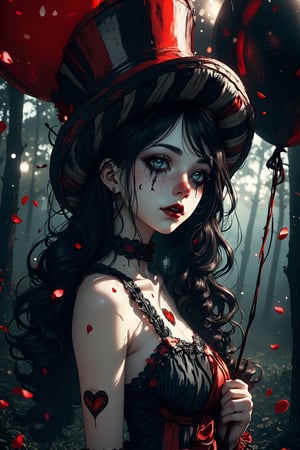 (masterpiece, high quality, 8K resolution). higly stylized and detailed close up anime portrait with mystic and horror embience. A hauntingly beautiful illustration unfolds:  A melancholic gothic clown girl wearing a striped black-and-white outfit, holding red and black balloons. Her long, wavy hair flows beneath a tilted top hat with matching black-and-white stripes. She has pale skin with dark makeup and a stitched smile painted across her face. A heart tattoo decorates her arm, adding a touch of fragile beauty. The background is a hazy, mist-filled forest with soft, glowing bokeh lights, creating an eerie yet enchanting atmosphere. Red petals drift in the air, enhancing the melancholic mood.