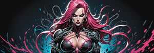 midshot, cel-shading style, centered image, ultra detailed illustration of the comic character ((female Spawn warrior woman, by Todd McFarlane)), posing, extremely muscular overly muscular large breast extremely extremely muscular, black, neon pink, suit with a belt with a skull on it, long pale pink hair in a tall, single ponytail, ((view from Behind she’s looking over her shoulder)),  ((Full Body)), ((view from behind)), ((holding chains in her hand)), splatters of paint in the background glowing neon, perfect hands, (tetradic colors), inkpunk, ink lines, strong outlines, art by MSchiffer, bold traces, unframed, high contrast, cel-shaded, vector, 4k resolution, best quality, (chromatic aberration:1.8)