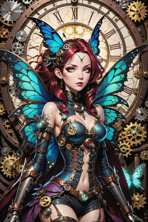 midshot, cel-shading style, centered image, ultra detailed illustration of the comic character ((Spawn 
In the dimly lit, ornate chamber of a mystical steampunk realm, a faerie girl with delicate features and iridescent butterfly wings sprawls amidst a tapestry of gears and cogs. A robot cat, its mechanical limbs splayed in relaxation, rests beside her as candlelight dances across their faces. The soft glow casts a warm ambiance, rendering the intricate details of the steampunk contraptions and the faerie's ethereal wings in exquisite 8K HDR resolution, with an impressive bokeh effect blurring the background, by Todd McFarlane)), posing, ((Full Body)), ((perfect hands)), ((neon glow in the background)), (tetradic colors), inkpunk, ink lines, strong outlines, art by MSchiffer, bold traces, unframed, high contrast, cel-shaded, vector, 4k resolution, 