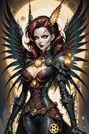 midshot, cel-shading style, centered image, ultra detailed illustration of the comic character ((female Spawn a steampunk faerie, her delicate wings shimmering in the soft glow of candlelight, by Todd McFarlane)), posing, in black and bronze suit with a skull emblem, ((holding a candle in one hand)), ((perfect hands)), ((closed hands)), ((Half Body)), (tetradic colors), inkpunk, ink lines, strong outlines, art by MSchiffer, bold traces, unframed, high contrast, cel-shaded, vector, 4k resolution, best quality, (chromatic aberration:1.8)