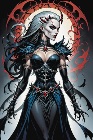 midshot, cel-shading style, centered image, ultra detailed illustration of the comic character ((female Spawn Queen of the Damned by Todd McFarlane)), posing, Black, dress with a skull emblem, ((View from Behind she's looking over her shoulder)), ((Full Body)), ((View from behind)), (tetradic colors), inkpunk, ink lines, strong outlines, art by MSchiffer, bold traces, unframed, high contrast, cel-shaded, vector, 4k resolution, best quality, (chromatic aberration:1.8)