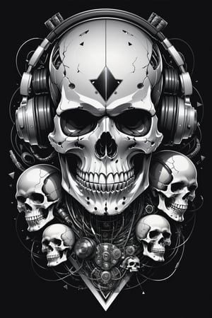 

A mesmerizing, ultra-detailed illustration  in a It's just three skulls characters cyborg skull robot portrait inside a triangle, they mixing, like tekno tribe visual free party with speaker and sub bass around him, audio speaker sono Inside and Intricate cable and electronic device in vector illustration design, black and withe, no grey level, illustration with black background no gradient, logo style, for printing ready, in a powerful pose, High-key lighting illuminates the scene, showcasing the perfect anatomy, Strong outlines and bold traces define the cel-shaded, vector illustration, rendered in 4K resolution. The overall atmosphere is unsettling yet motivational, evoking the styles of Glenn Brown, Carne Griffiths, Alex Ross, Artgerm, James Jean Bangs, and Todd McFarlane.