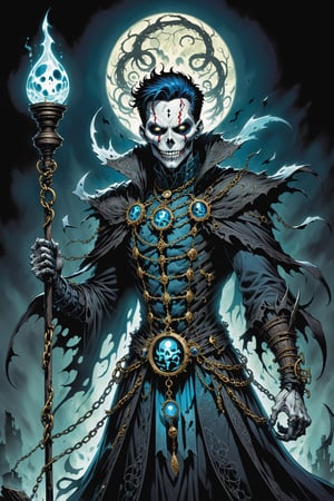 midshot, cel-shading style, centered image, ultra detailed illustration of the comic character ((female Spawn Victorian horror theme, a character of a spectral figure known as the "Haunted Harbinger", a ghostly apparition of a long-dead aristocrat, wears a tattered once-opulent suit adorned with decayed medals and frayed lace, translucent skin glows with an ethereal blue light,  eyes are empty sockets that emit a ghostly mist, chains hang from its wrists and ankles dragging along the ground with a haunting clatter, twisted face in eternal agony, carries a spectral lantern that casts an eerie flickering light by, Todd McFarlane)), posing,  he has black  in traditional Indian attire with a skull emblem, ((holding a spear)), Indian TP in the background)),  (((Full Body))), (tetradic colors), inkpunk, ink lines, strong outlines, art by MSchiffer, bold traces, unframed, high contrast, cel-shaded, vector, 4k resolution, best quality, (chromatic aberration:1.8)