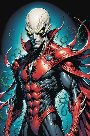 midshot, cel-shading style, centered image, ultra detailed illustration of the comic character ((male Spawn Space Alien, by Todd McFarlane)), posing, ((Half Body)), (tetradic colors), inkpunk, ink lines, strong outlines, art by MSchiffer, bold traces, unframed, high contrast, cel-shaded, vector, 4k resolution, best quality, (chromatic aberration:1.8)