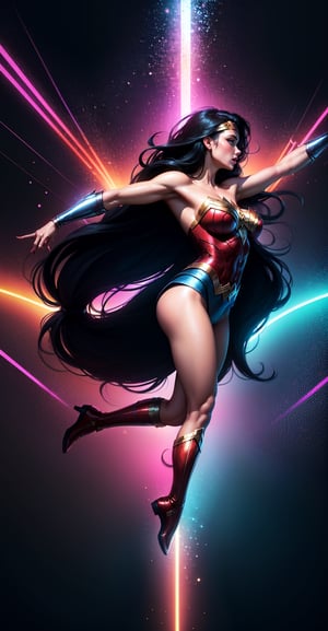 Wonder Woman (big tits),(( side view,)),((full body)),((floating in air)),masterpiece, best quality, ((abstract, psychedelic, neon, background)),(creative:1.3), sy3, SMM, fantasy00d