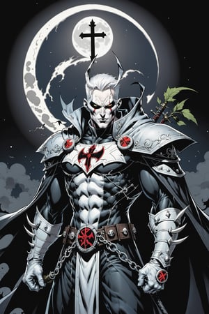 midshot, cel-shading style, centered image, ultra detailed illustration of the comic character ((male Spawn Warrior Catholic priest, by Todd McFarlane)), posing, white  hair,  ((cross around his neck)), charcoal and black white suit with cross emblem, gun belts draped over his shoulders, ((Full Body)), ((perfect hands)), the moon in the background, (tetradic colors), inkpunk, ink lines, strong outlines, art by MSchiffer, bold traces, unframed, high contrast, cel-shaded, vector, 4k resolution, best quality, (chromatic aberration:1.8)