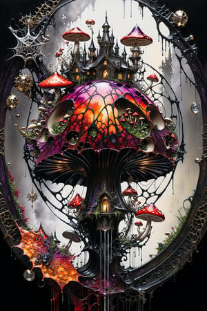 Ultra-wide-angle, photorealistic medieval gothic steam punk shot of an exciting fusion between Spawn and ((A spiderweb and a mushroom)) in a new character that embodies elements of both, (((spiderwebs))), silver mechanical gears in the background, people, see. Black and multi colored, ink Flow - 8k Resolution Photorealistic Masterpiece - by Aaron Horkey and Jeremy Mann - Intricately Detailed. fluid gouache painting: by Jean Baptiste Mongue: calligraphy: acrylic: colorful watercolor, cinematic lighting, maximalist photoillustration: by marton bobzert: 8k resolution concept art, intricately detailed realism, complex, elegant, expansive, fantastical and psychedelic, dripping paint , in the chasm of the empire estate, night, the moon, buildings, reflections, wings, and other elements need to stay in frame,(isolate object)