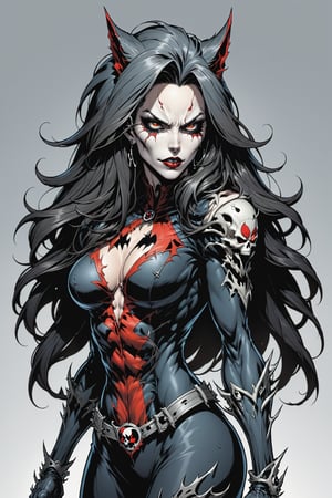 midshot, cel-shading style, centered image, ultra detailed illustration of the comic character ((female Spawn Wolf lady, by Todd McFarlane)), posing, long black long hair, Gray rust, and black suit with a skull emblem, ((view from Behind she’s looking over her shoulder)), ((Full Body)), ((perfect hands)), (tetradic colors), inkpunk, ink lines, strong outlines, art by MSchiffer, bold traces, unframed, high contrast, cel-shaded, vector, 4k resolution, best quality, (chromatic aberration:1.8)