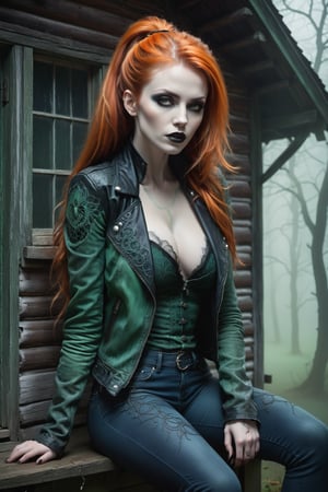 A hauntingly beautiful woman vampire ((sitting on the  on a porch of a old creepy cabin)), shrouded in thick Green-hued fog that morphs into an eerie aura. Her pale skin and Orange hair in a long, tall ponytail, contrast against the Blue jean pants, black leather jacket with filigree and Zentangle patterns, punctuated by dripping oil textures. Her closed hands cradle her curvy figure, emphasizing her very muscular physique, The dramatic lighting creates stark catchlights and shadows, highlighting her haunting beauty amidst a desolate cabin backdrop bathed in Green hues.