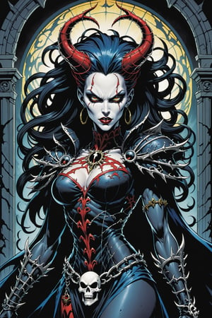 midshot, cel-shading style, centered image, ultra detailed illustration of the comic character ((female Spawn Queen of the Damned by Todd McFarlane)), posing, Black, dress with a skull emblem, ((half Body)), ((the gates of hell in the background)), (tetradic colors), inkpunk, ink lines, strong outlines, art by MSchiffer, bold traces, unframed, high contrast, cel-shaded, vector, 4k resolution, best quality, (chromatic aberration:1.8)