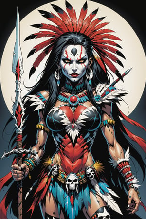 midshot, cel-shading style, centered image, ultra detailed illustration of the comic character ((female Spawn American Indian, by Todd McFarlane)), posing,  he has black  in traditional Indian attire with a skull emblem, ((holding a spear)), (((Full Body))), (tetradic colors), inkpunk, ink lines, strong outlines, art by MSchiffer, bold traces, unframed, high contrast, cel-shaded, vector, 4k resolution, best quality, (chromatic aberration:1.8)