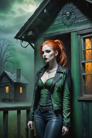 A hauntingly beautiful woman vampire ((standing on a porch of a old creepy cabin)), shrouded in thick Green-hued fog that morphs into an eerie aura. Her pale skin and Orange hair in a long, tall ponytail, contrast against the Blue jean pants, black leather jacket with filigree and Zentangle patterns, punctuated by dripping oil textures. Her closed hands cradle her curvy figure, emphasizing her muscular physique, The dramatic lighting creates stark catchlights and shadows, highlighting her haunting beauty amidst a desolate cabin backdrop bathed in Green hues.