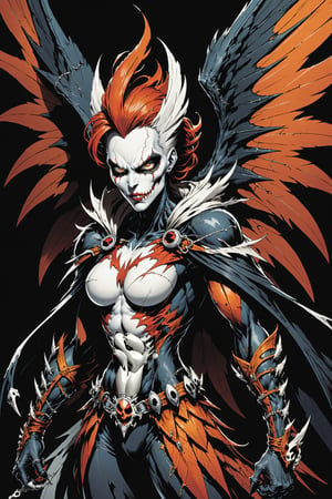 midshot, cel-shading style, centered image, ultra detailed illustration of the comic character ((female Spawn Harpy, by Todd McFarlane)), posing, black, white, brown rust and orange colors suit with a skull emblem on it, ((Full Body)), (tetradic colors), inkpunk, ink lines, strong outlines, art by MSchiffer, bold traces, unframed, high contrast, cel-shaded, vector, 4k resolution, best quality, (chromatic aberration:1.8)