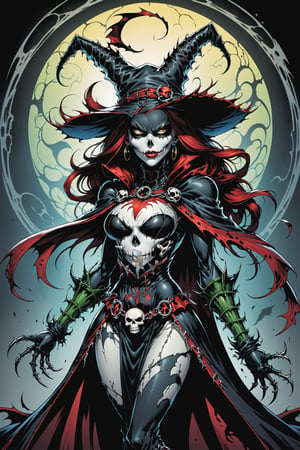 midshot, cel-shading style, centered image, ultra detailed illustration of the comic character ((female Spawn Which by Todd McFarlane)), posing, Black, dress with a skull emblem, ((wearing a large rim pointed hat)), ((her hands are empty)),  ((Full Body)), (tetradic colors), inkpunk, ink lines, strong outlines, art by MSchiffer, bold traces, unframed, high contrast, cel-shaded, vector, 4k resolution, best quality, (chromatic aberration:1.8)