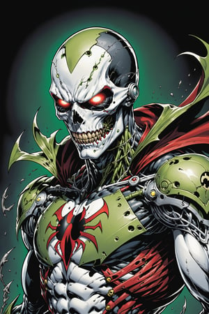 midshot, cel-shading style, centered image, ultra detailed illustration of the comic character ((Spawn  cyborg by Todd McFarlane)), posing, Olive Green gray and black suit with a skull emblem, ((Half Body)), ornate background, (tetradic colors), inkpunk, ink lines, strong outlines, art by MSchiffer, bold traces, unframed, high contrast, cel-shaded, vector, 4k resolution, best quality, (chromatic aberration:1.8)