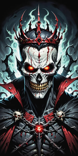 midshot, cel-shading style, centered image, ultra detailed illustration of the comic character (( Spawn   Halloween-style fantasy world image featuring a terrifying undead king with a skull face and glowing red eyes. Envision the king adorned in torn black and red dark clothes, wielding a deadly, sinister spiky weapon. Specify a dark fantasy-style atmosphere with chilling details, capturing the sinister essence of this undead monarch. Request a visually striking composition that blends the elements of horror and fantasy, creating a haunting masterpiece perfect for the Halloween theme by, Todd McFarlane)), posing,  he has black  in traditional Indian attire with a skull emblem, ((holding a A spear)),  (((Full Body))), (((perfect hands))),(((realistic hands))),(((accurate hands))), (tetradic colors), inkpunk, ink lines, strong outlines, art by MSchiffer, bold traces, unframed, high contrast, cel-shaded, vector, 4k resolution, best quality, (chromatic aberration:1.8)