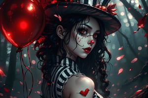 (masterpiece, high quality, 8K resolution). higly stylized and detailed close up anime portrait with mystic and horror embience. A hauntingly beautiful illustration unfolds:  A melancholic gothic clown girl wearing a striped black-and-white outfit, holding red and black balloons. Her long, wavy hair flows beneath a tilted top hat with matching black-and-white stripes. She has pale skin with dark makeup and a stitched smile painted across her face. A heart tattoo decorates her arm, adding a touch of fragile beauty. The background is a hazy, mist-filled forest with soft, glowing bokeh lights, creating an eerie yet enchanting atmosphere. Red petals drift in the air, enhancing the melancholic mood.