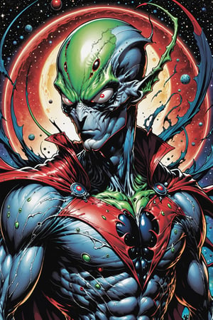 midshot, cel-shading style, centered image, ultra detailed illustration of the comic character ((male Spawn Space Alien, by Todd McFarlane)), posing, ((Half Body)), planets in the background, (tetradic colors), inkpunk, ink lines, strong outlines, art by MSchiffer, bold traces, unframed, high contrast, cel-shaded, vector, 4k resolution, best quality, (chromatic aberration:1.8)