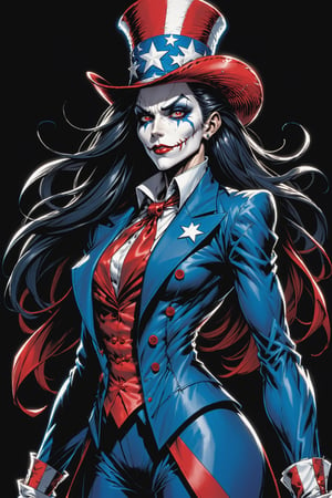 midshot, cel-shading style, centered image, ultra detailed illustration of the comic character ((female Spawn Uncle Sam, by Todd McFarlane)), posing, long black long hair, Red white and blue, suit with Blue suit, ((View from Behind she's looking over her shoulder)),  ((Full Body)), ((View from behind)), (tetradic colors), inkpunk, ink lines, strong outlines, art by MSchiffer, bold traces, unframed, high contrast, cel-shaded, vector, 4k resolution, best quality, (chromatic aberration:1.8)